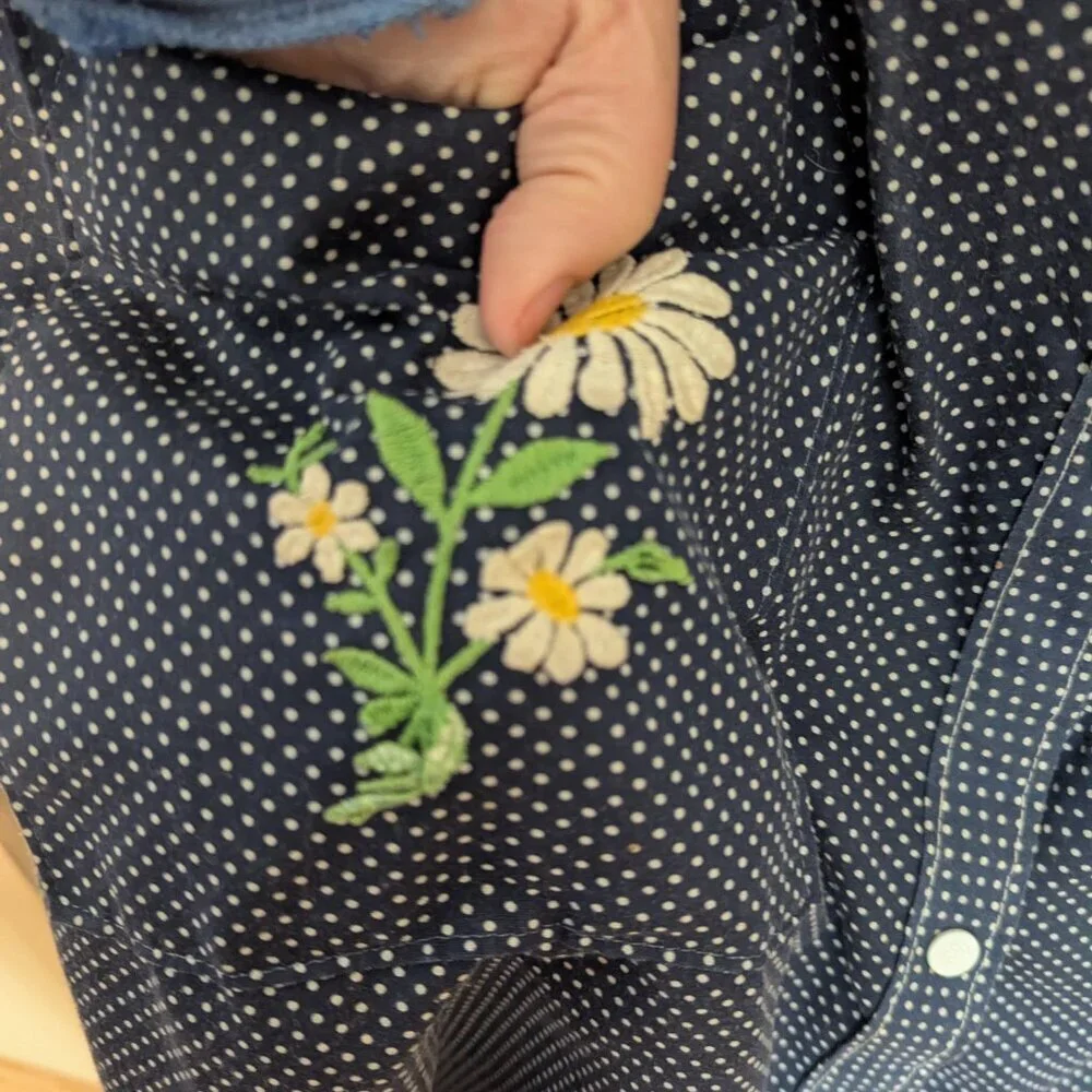Vintage Polka Dot Embroidered‎ Dress Katz Floral House Smock Snap Button Collar